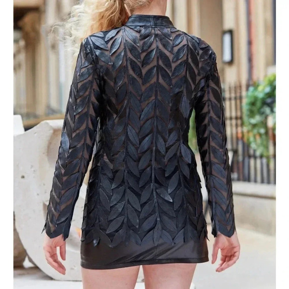 BY BELGIN FRANCIS BLACK LEATHER‎ JACKET SIZE 2X LEAF LONG SLEEVE SHEER - Picture 3 of 6